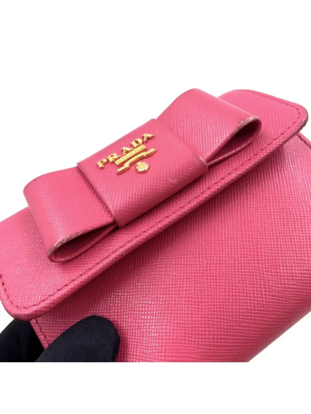 Prada Saffiano Fiocco Leather Pink Trifold Wallet Gold
